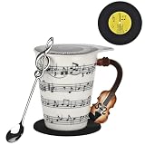 12.9 oz Violin Novelty Mug Unique Musical Note Design Tea Coffee Milk Ceramic Mug Cup with Cool Music Themed Lid and Spoon&Coaster,Musicians Gifts,Music Lovers Gift for Men,Women,Teacher,Black