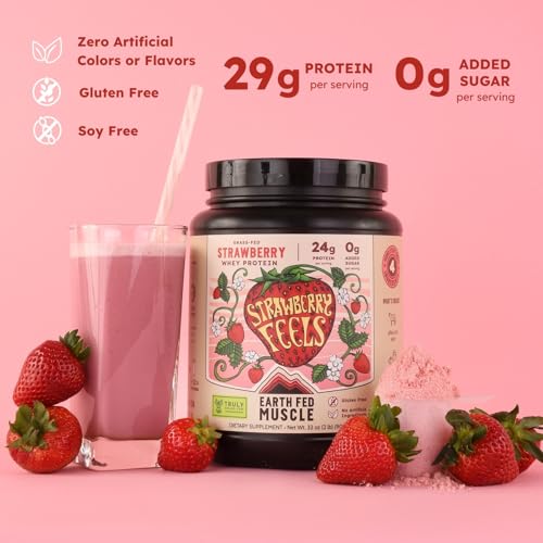 Image of Earth Fed Muscle Strawberry Feels Forever Irish Grass Fed Whey Protein Isolate, Third-Party Certified. 24g Protein, Strawberry - Non-GMO, Hormone Free, Soy Free, Gluten Free - 2 LB, 27 Servings