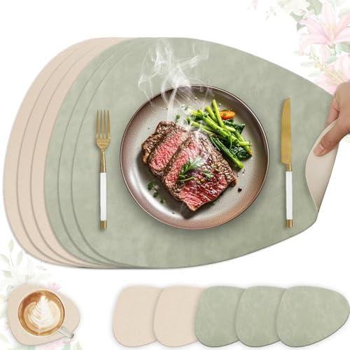 HELI MIAO Set de Table Ovale Lavable et Dessous de Verre, Dessous de Table Double Face, Lot de 6 Cuir PVC Antidérapant Lavable Plastique, 41x33cm (Vert Clair + Beige)