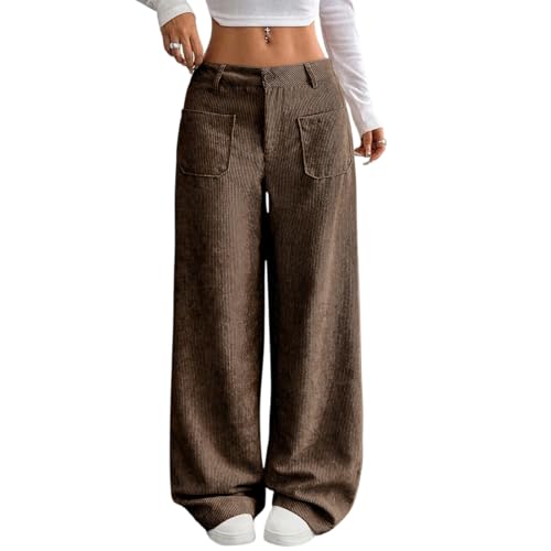 Wide Leg Corduroy Pants Women High Waisted Dress Pants for Work Loose Elastic Waist Pant with 4 Pockets Fall Clothes