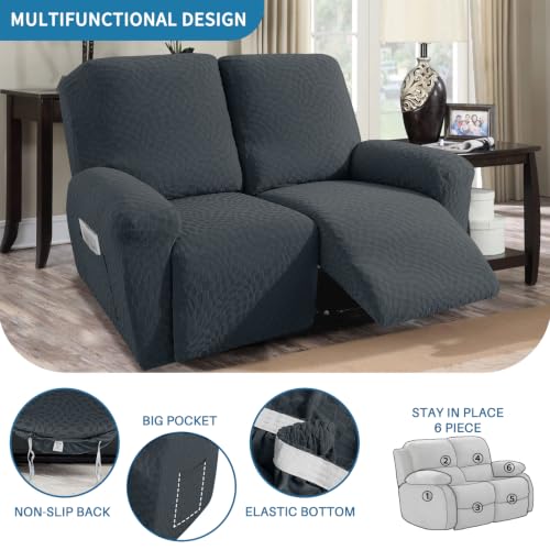 Image of 2026 Loveseat Recliner Cover 6-Piece (48 inch-66 inch) Super Soft Recliner Loveseat Covers with Big Pocket & Anti Slip Ties Stay in Place, Lazy Boy Reclining Love Seat Slipcover Durable Washable, Dark Grey