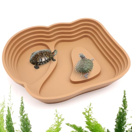 1 Pack Tortoise Habitat Turtle Bathing Pool Food and Water Bowl for Turtle Horned Frog Gecko Snake Lizard Small Reptile (Brown)