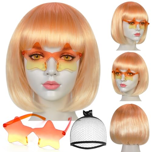 Image of ANOGOL Hair Cap + (Sunglasses) Orange Gradient Bob Wig with Bangs Womens Party Wigs with Star-Shaped Glasses Short Neon Wig Daily Party Fun Wigs Women Halloween Costume Bachelorette Hair