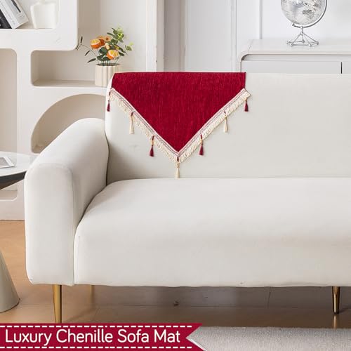 Image of HOKIPO 'Serenity Tassel' Chenille Sofa Back Cover with Tassels - 1 Pc Crimson Ruby (IN-894-MRN)
