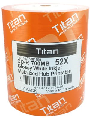 Titan (T5881199) 52X CD-R Glossy White Inkjet Metalized Hub Printable Media - 100 Pack