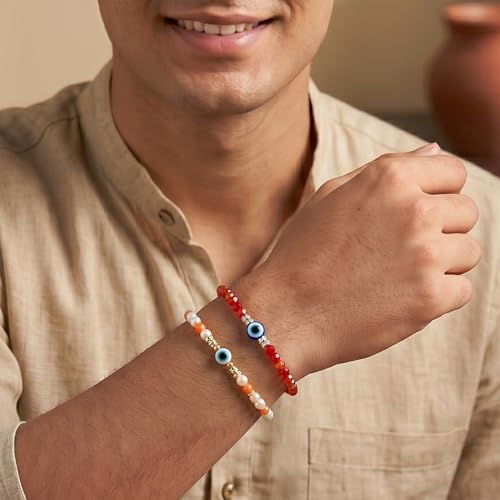 Image of Peora Evil Eye & Crystals Studded Rakhi for Brother Bhaiya | Red Thread | Raksha Bandhan Hamper with Roli Chawal Greeting Card