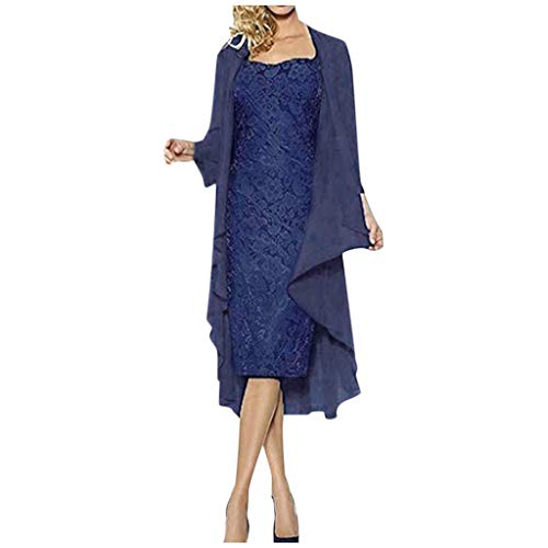 OPAKY Conjunto de Dos Piezas de la Mujer Vestido Suelto con Cuello en O Cestido Midi Trajes Cardigan Moda para Mujer Dos Piezas Encantador Color Sólido Vestidos de Encaje para Madre de la Novia