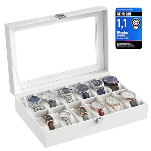 SONGMICS Uhrenbox mit 12 Fächern, Uhrenkasten, Glasdeckel, Uhrenkoffer mit herausnehmbaren Uhrenkissen, Premium-Uhrenschatulle, PU-Bezug in Weiß, Samtfutter in Weiß JWB202