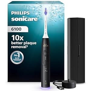 Philips Sonicare 6100 elektrische Zahnbürste, Schallzahnbürste mit 2 Putzmodi und 3 Intensitätsstufen, Andruckkontrolle, EasyStart, SmarTimer, Schwarz, Modell HX7401/07 [Neue Technologie]