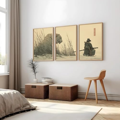Image of Gamya Framed Japan Samurai Theme Wall Painting Posters For Office, Living Room, Bedroom Wall Decor - Japanese Japandi Samurai Aesthetic Room Decor (Tiger & Samurai, 13x19 Inches, Framed)