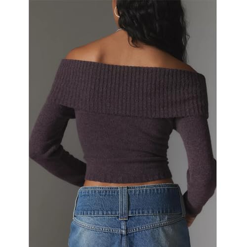 Women Casual Solid Sweater Top Long Sleeve Off Shoulder Ribbed Knit Cropped Shirt Fairy Grunge Fall Y2K Streetwear2