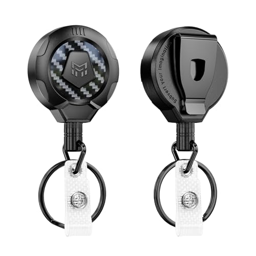 MNGARISTA Upgraded Heavy Duty Retractable Keychain with Belt Clip, 10 OZ Retraction, 31.5' Stainless Steel Cord Key Chain, 3K Carbon Fiber ID Badge Reel Holder with Badge Strap and Key Ring, 2 Pack