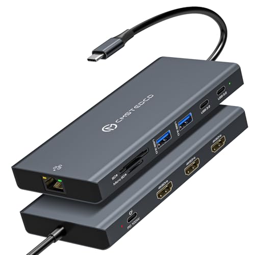 DGYBDFC USB C Laptop Docking Station 3 Monitors 100W PD 4K60Hz 12 in 1 Triple HDMI Docking Station Dual Monitor USB C Hub Multiple Adapter, 2xUSB-C 3.2, 2xUSB-A 3.0, SD Card Slot, 1000Mbps Ethernet