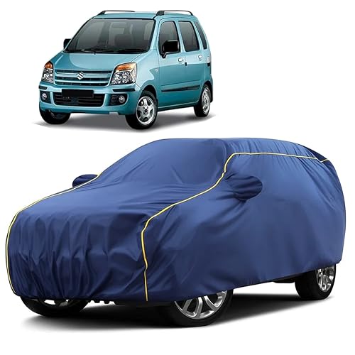 Image of Sulfar 100% Water Resistant Car Body Cover Compatible with Mirror for Maruti Suzuki Old Wagonr (Triple Stitched, Full Bottom Elastic, Blue Taffeta with Yellow Piping)