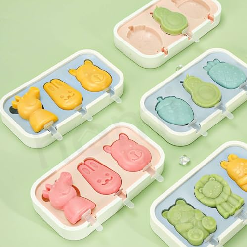 Image of 3 Fruit Shape Cavity Non-Stick Silicone Ice Cream Mould with Lid & 6 Plastic Sticks Reusable Ice Lolly, Frozen Candy, Kulfi Molds, BPA-Free Stackable DIY Icecream Popsicle Maker (Multicolor)