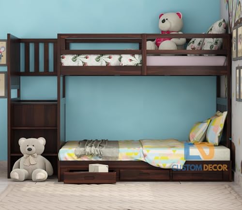 Image of Custom Decor Sheesham Wood Bunk Bed | Wooden Double Bed Bed Furniture for Bedroom | Living Room | Home (Spring-W)