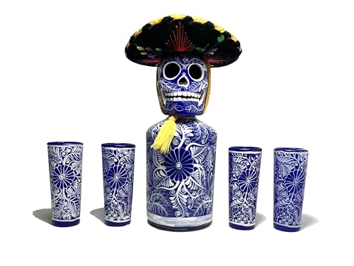 Tequila Decanter Set, Liquor Decanter with Shot Glasses and Mexican Sombrero, Hand-painted Decanter, Skull Decanter, Bar Decoration, Unique Tequila Gift, Gift For Dad (Blue Decanter Set)