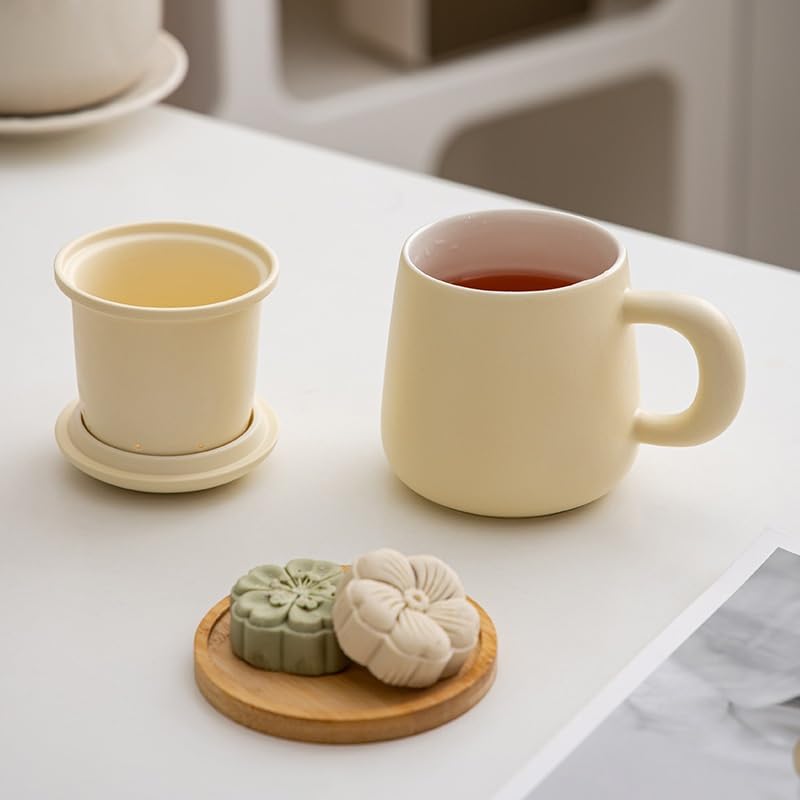 Tasse à thé Tasse à thé simple et moderne en céramique jaune crème, avec couvercle et filtre, idéale for le bureau et la maison Récipient de trempage(B)