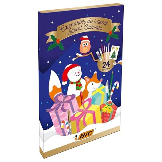 BIC Calendrier de l'Avent - 24 Produits d'Écriture, 6 Feutres Magiques/6 Crayons de Couleurs/4 Craies de Coloriage/1 Tube de Colle/1 Crayon à Papier/1 Gomme/3 Stylos-Bille, 24 Cartes et 20 Stickers