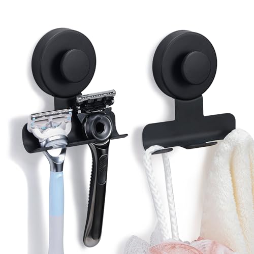 Fenas Suction Cup Razor and Shaver Holder for Shower Wall Stainless Steel Reusable Suction Hook for Towel and Loofah Damage-Free Installation (2 Matte Black)