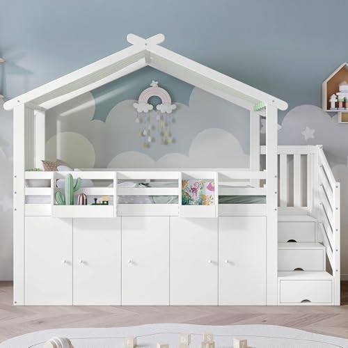Kinderbett Etagenbett 90x200, Hausbett Hochbett mit Kleiderschrank, Regal, Treppe und Aufbewahrungsschrank, Funktionsbett Holzbett Einzelbett Stockbett Spielbett Jugendbett, Ohne Matratze, Weiß+Grün