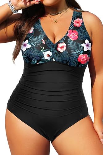 Aqua Eve Women Plus Size One Piece Swimsuits V Neck Tummy Control Bathing Suits Retro Ruched Swimwear