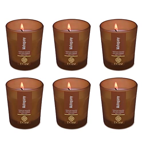 Image of EKAM Mahogany Votive Soy Wax Scented Candle, 40 Grams, 10 Hours Burn Time| Long Lasting Premium Candles | Ideal for Home Decor | Gifting & Aromatherapy (Pack of 6)