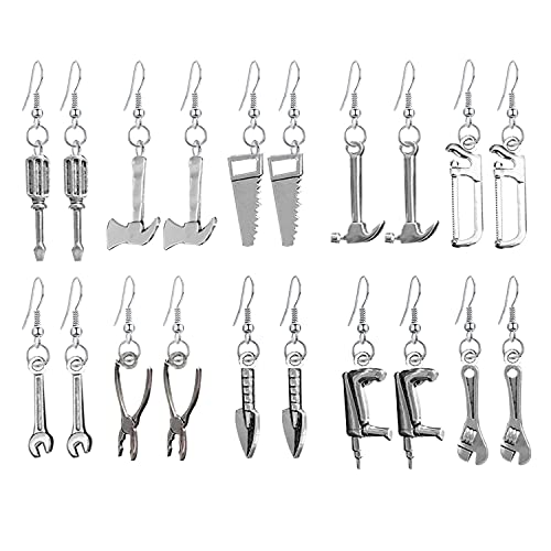 10 Pairs Funny Handmade Lightweight Cute Vintage Silver Tool Axe Wrench Dangle Drop Earrings Sets Funky Quirky Punk Spanner Earrings for Women
