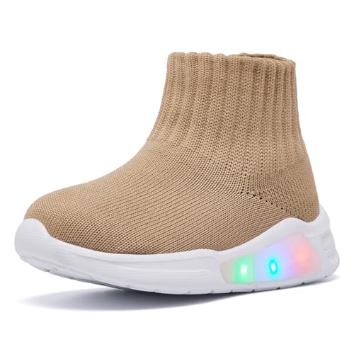 MORENDL Toddler Light Up Walking Shoes Baby Non-Slip Sock Shoes Toddler Slip On Sneakers Boys & Girls Brown