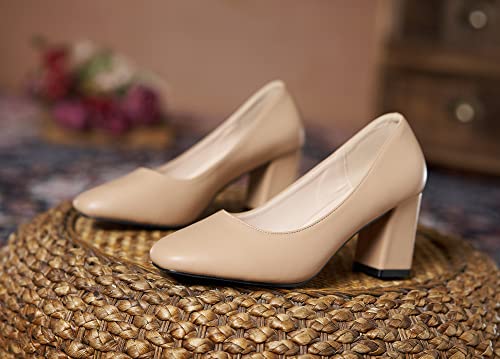 YooPrettyz Women Office Leather Pump Shoe Daily Wear Work Pump Block Heel Square Toe Polished Mid Heels2