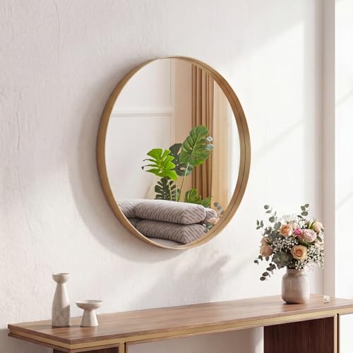 Image of Sweetcrispy Bathroom Round Mirror for Over Sink, 20 Inch Wall Circle Mirror with Matte Metal Frame, Modern Wall Mount Vanity Mirrors for Home Decor, Living Room, Bedroom, Gold