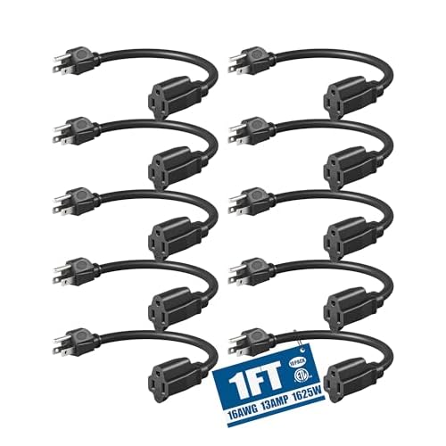 DEWENWILS 10 Pack Short Extension Cord, 1 Foot Power Cord, 16 AWG SJTW Weatherproof Extension Cable for Indoor Outdoor Use, 3 Prong Grounded Outlets Plugs, NEMA 5-15P to NEMA 5-15R, Black, U