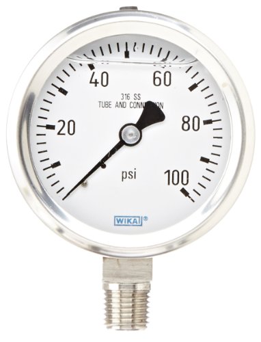 WIKA 9833574 Industrial Pressure Gauge, Refillable, Stainless Steel 316L Wetted Parts, 2-1/2