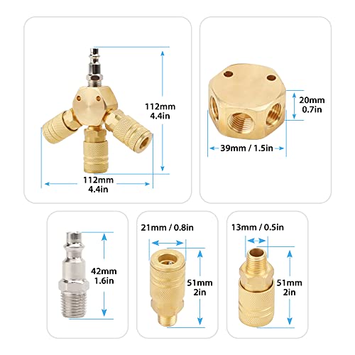 Hynade 3-Way Air Manifold, Flat Hex Manifold 1/4 Inch Npt Air Couplers And Quick Connect Plug, Air Compressor Brass Pneumatic Air Plug Kit(4 Way Out) #TOP2