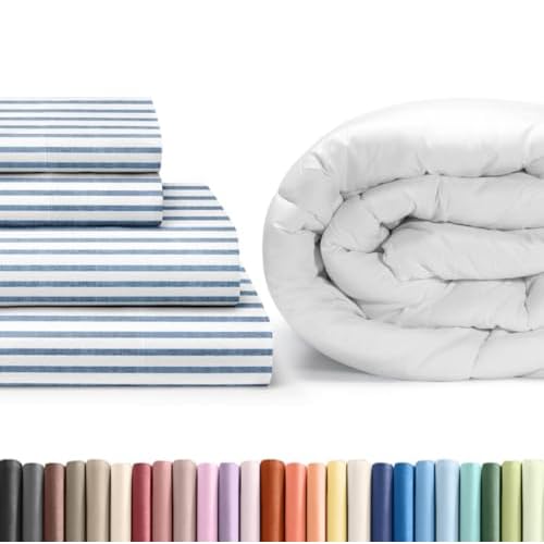 CGK Unlimited Blue Stripes 2 Sheet Set with Comforter (Twin Size) - Bed Set Includes Fitted Sheet, Flat Sheet & Pillow Cases - Bedding Set - Breathable Bed Comforter Set