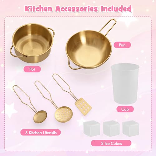 HONEY JOY Corner Kids Kitchen Playset, Wooden Toy Kitchen Set w/Lights & Sounds, Range Hood, Ice Maker & Coffee Maker, Microwave, Sink, Faucet, Little Chef Pretend Play Kitchen for Toddlers, Pink - Image 8