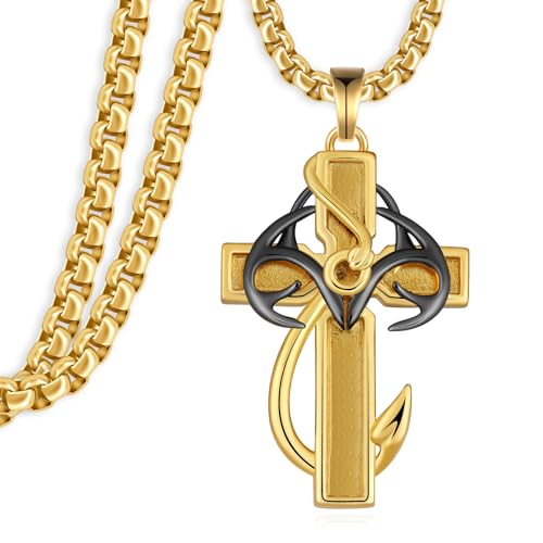 Gold Cross Necklace for Men 925 Sterling Silver Cross Pendant, Deer Antler Fish Hook Mens Cross Necklace Hunting Gifts for Men Women with Chain 22+2 inches