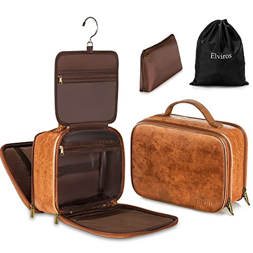 Elviros Travel Toiletry Bag for Women & Men: Luxurious Leather Hanging Makeup Organizer with Ample Storage Space