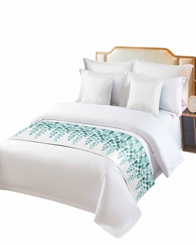 Twin Bed Runner Farm Turquoise Eucalyptus Leaf Bedding Runner Scarves Decorative Bed Scarf, Abstract Watercolor Foliage Soft Bedding Scarf for Bedroom Hotel Wedding 102x20in