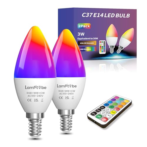Lamptobe 2X Ampoule LED Changement de Couleur E14-3W SES Ampoule LED E14 RGB à Intensité Variable RGB+ Blanc Chaud&amp; Blanc Froid Ampoule Bougie E14 avec Télécommande, Mémoire&amp; Synchronisation Fonction
