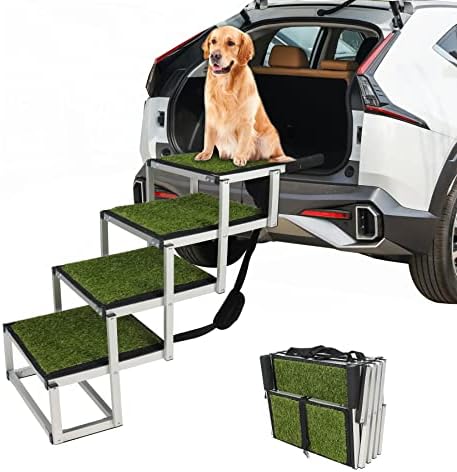 Domaker Dog Stairs for Large Dogs with Artificial Grass Surface, Foldable Aluminum Lightweight Pet Ramps, Durable Pet Ladder Dog Car Steps for SUV, Cars, Trucks and High Bed, 5 Steps