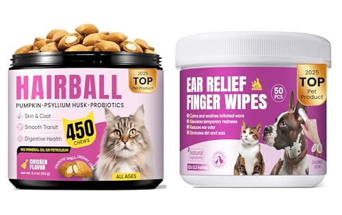 BuddyCheer Hairball & Ear Care Bundle for Cats – Hairball Control Treats + Ear Cleaning Finger Wipes