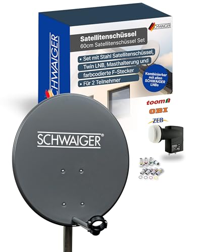 SCHWAIGER Satellitenschüssel Komplettset - Ø 60 cm Stahl Offset Antenne in Anthrazit - Inkl. sonnengeschütztes Twin LNB -...