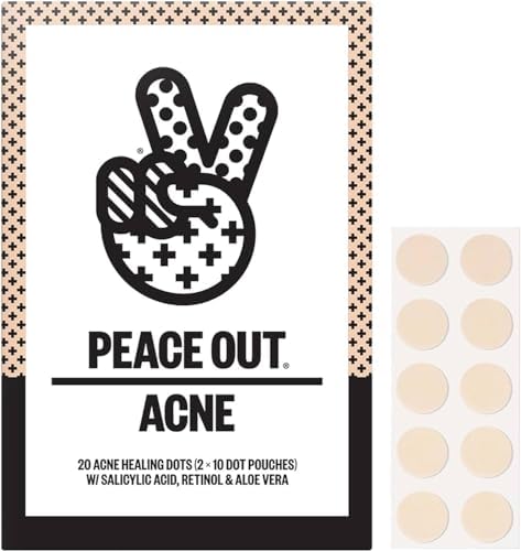 PEACE OUT Acne Healing Dots Hydrocolloid Pimple Patches, Acne Spot Treatment with Salicylic Acid, Retinol, and Aloe Vera for Blemishes and Breakouts (20 count)