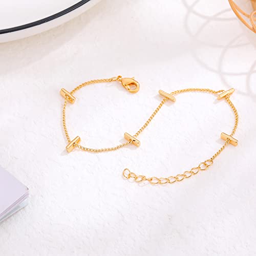 Image of Womens Dainty Gold Chain Bracelet,Simple Layered Chain Bracelets,Beaded Turquoise Bracelet,Charm Crystal Bar,Heart,Karma,Triangle,Pearl Bracelets for Women
