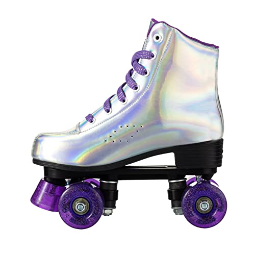 Xudrez Roller Skates For Women Girls, Stylish Laser Silver Roller Skates, Classic Double-Row High-Top Roller Skates For Beginner, Indoor Outdoor Roller Skates (Women Us:8) #TOP2