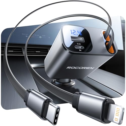 Cargador de coche retráctil, Rocoren 4 en 1 USB C con cable de 80 cm, cargador rápido de 69 W, accesorio esencial para viajes, adaptador para encendedor de cigarrillos accesorios para iPh0ne y Android