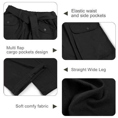 Image of Rolanko Girls Cargo Pants Baggy Y2K Cargo Trousers Jeans Wide Leg Pants with Multi Pockets 4-15 Years