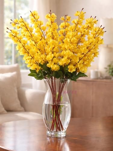 Image of ARTSY Artificial Flowers Bunch for Decoration Cherry Blossom, Ideal for vase, Home, Office Decor, Gifts, Craft, Artificial Plants for Decoration, Without vase, Yellow, Combo, 2 Piece, 55 cm Height