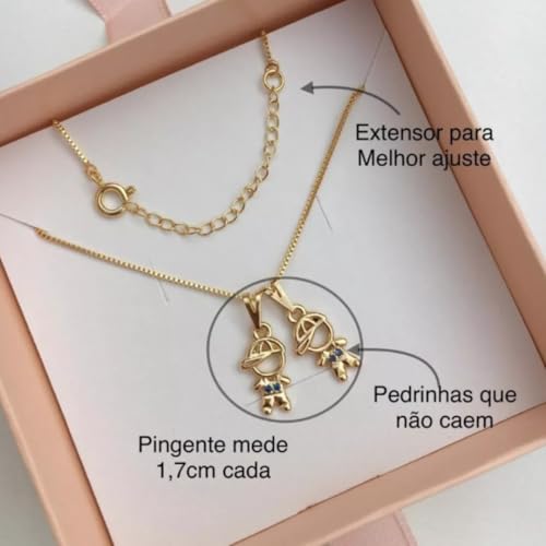 Colar Corrente 2 Filhos Com Pingente 2 Meninos Banhado A Ouro 18k